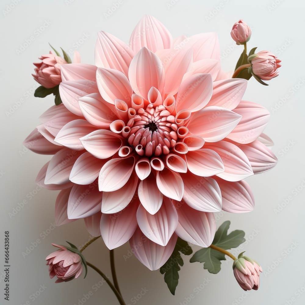 Fototapeta premium Pink Flower With Green Leaves Yellow Center ,Hd, On White Background