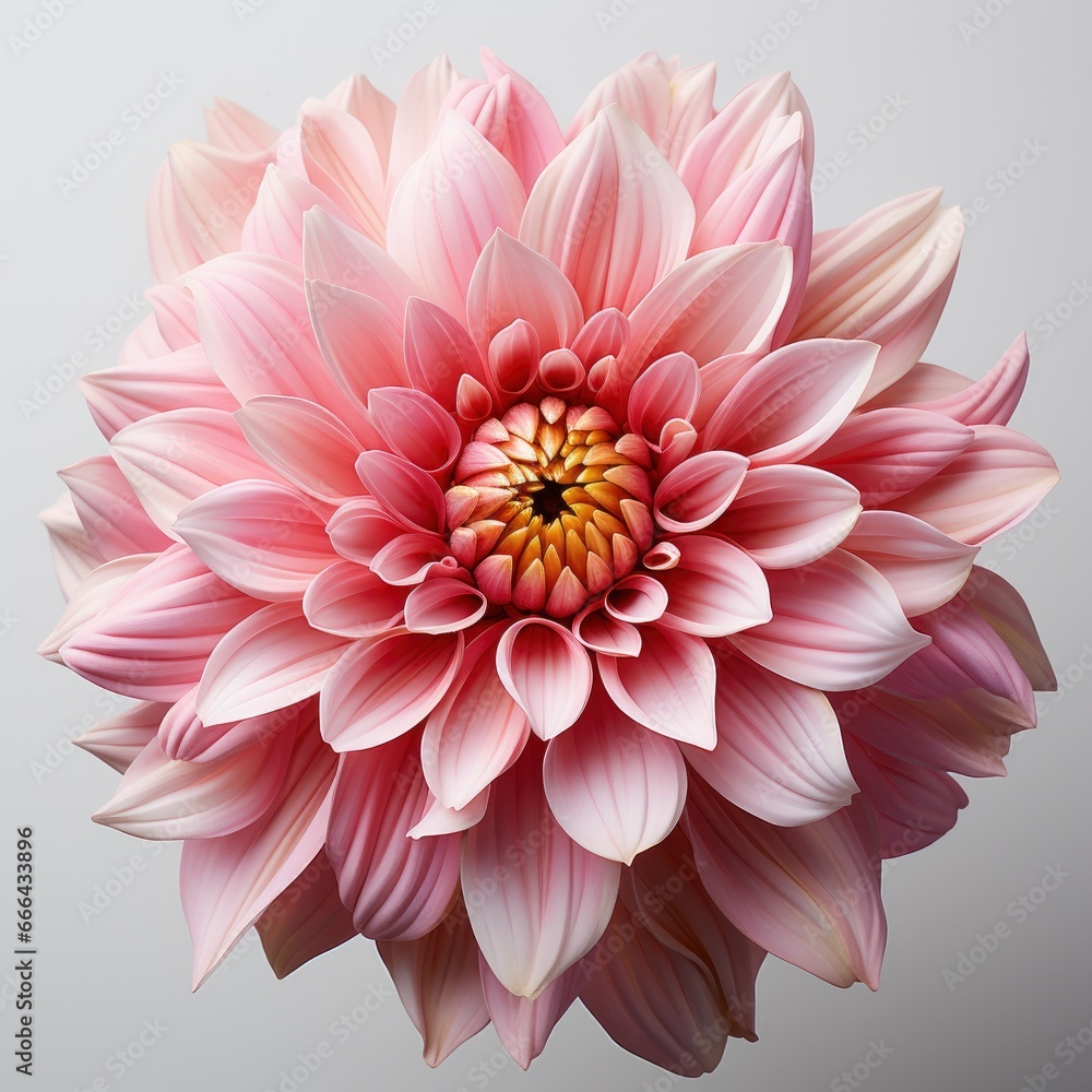 Fototapeta premium Pink Flower With Green Leaves Yellow Center ,Hd, On White Background