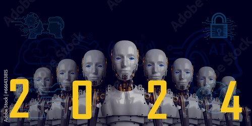 text 2024 on gruop of 3D robotics with digital business icon.New Year  choosing AI become an option in business photo