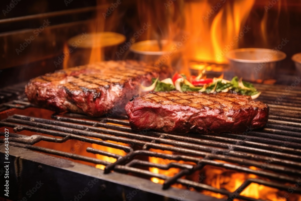 charcoal grill with flames licking at the meats charcoal grill with flames licking at the meats
