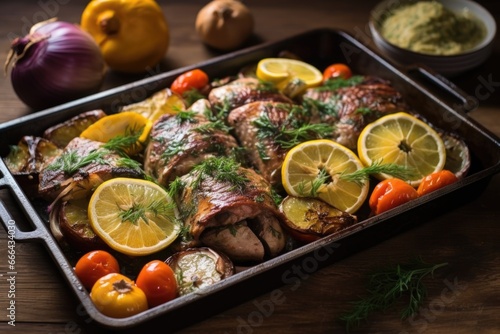 asado mixed grill adorned with herbs and citrus slices