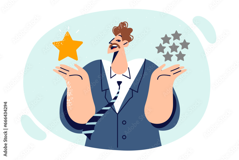 Man in business clothes holds rating stars symbolizing feedback and evaluation from company clients