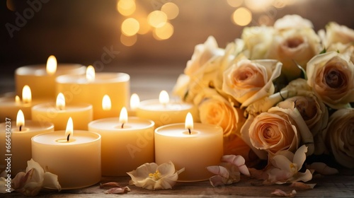Romantic candles casting a warm, soft glow around 