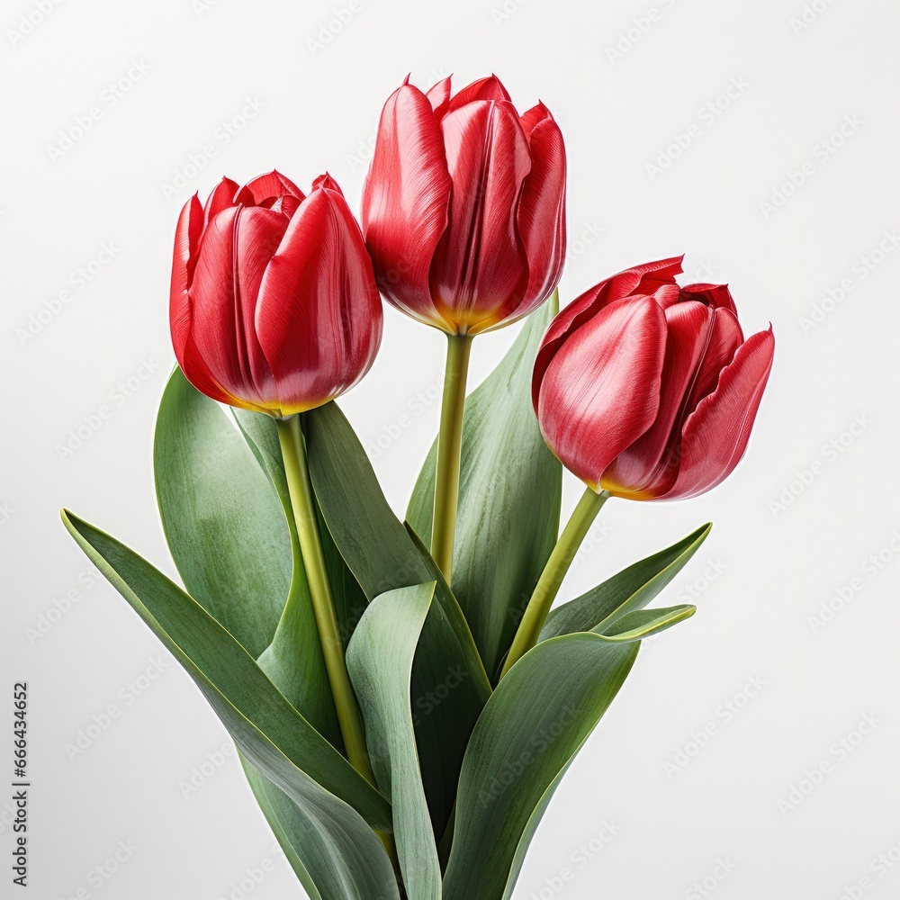 Fototapeta premium Red Tulips With Green Leaves ,Hd, On White Background
