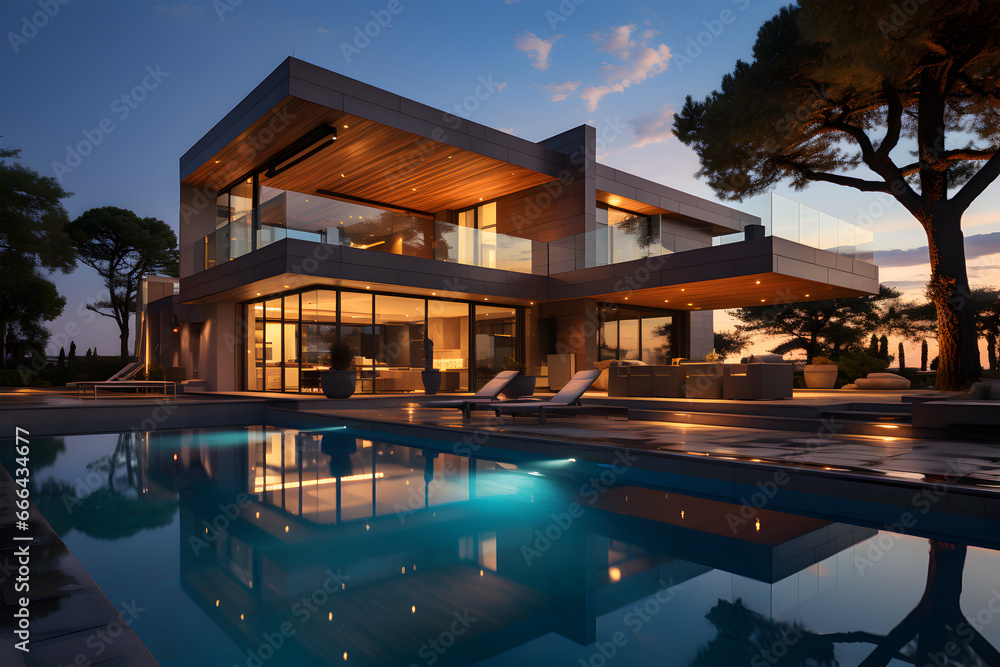 Obraz premium Modern house with a swimming pool, modern pool villa at the beach, luxury villa.