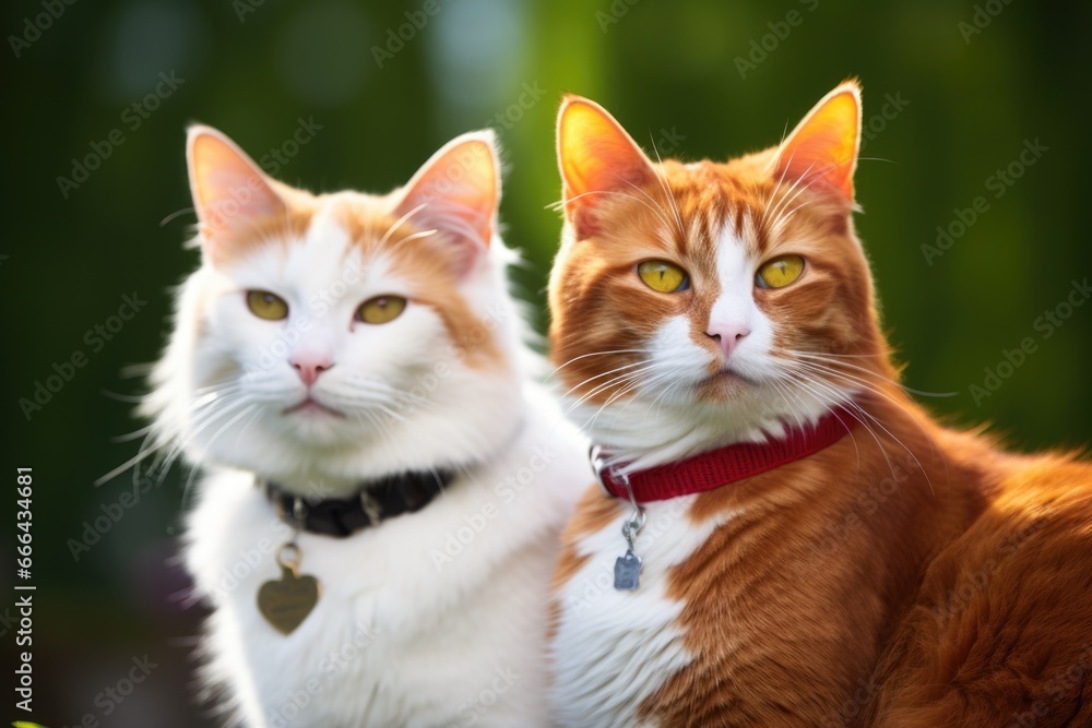 two similar looking cats with distinct collar colors sitting together