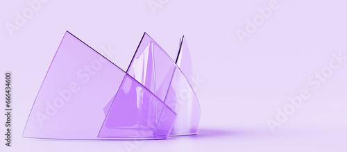 Fototapeta Naklejka Na Ścianę i Meble -  Glass triangle plates, curved panels with holographic gradient texture 3d render. Abstract geometric background with crystal transparent clear frame, wall of plastic or acrylic shapes. 3D illustration