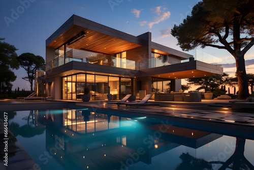 Modern house with a swimming pool, modern pool villa at the beach, luxury villa. © Nadezda Ledyaeva