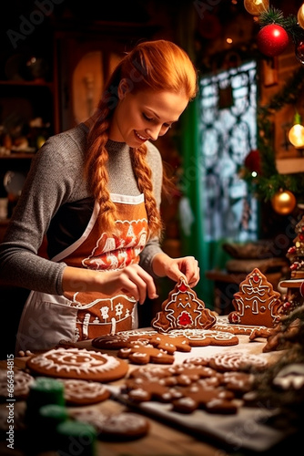 Woman making a Christmas wreath cookies. Generative AI,