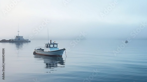 A boat navigating through a fog-shrouded harbor 