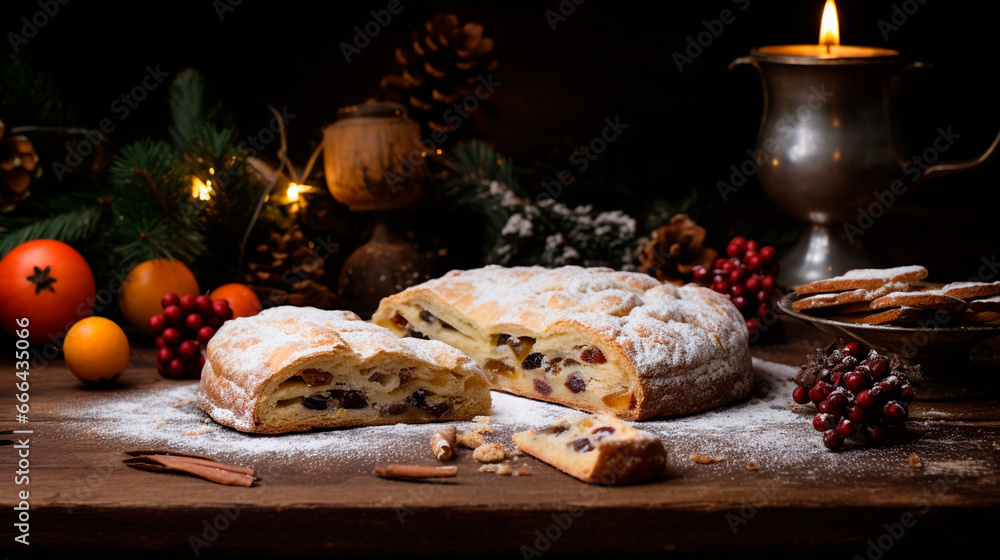 Fototapeta premium Christmas cake stollen on the table. Generative AI,