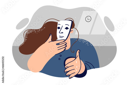 Woman in mask reaches out hand wanting to say hello and make deal, for concept scam or deception