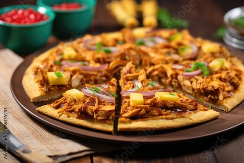 bbq jackfruit and vegan cheese on a gluten-free pizza crust