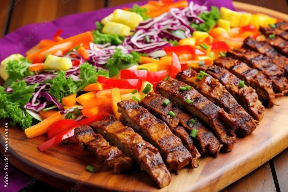 a colorful display of bbq tempeh ribs with bright vegetables