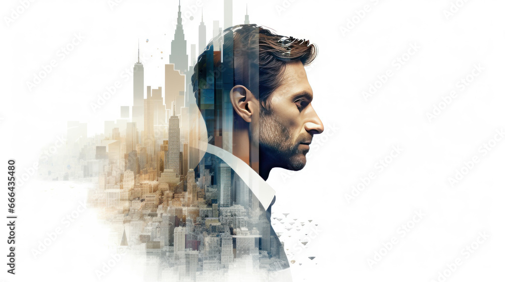 Double exposure of business man and city,Double exposure portrait of man blended with cityscape. - obrazy, fototapety, plakaty 