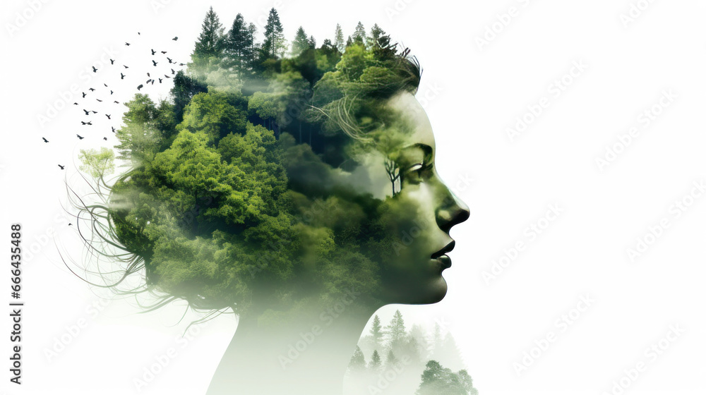 Beautiful woman side portrait combined with nature scenery, creative art of beauty and tranquility, abstract girl profile in green woods.