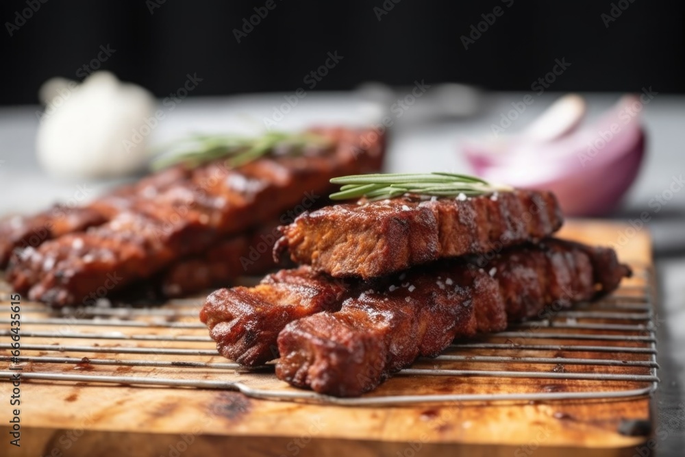 two forkfuls of bbq tempeh ribs against a blurred background