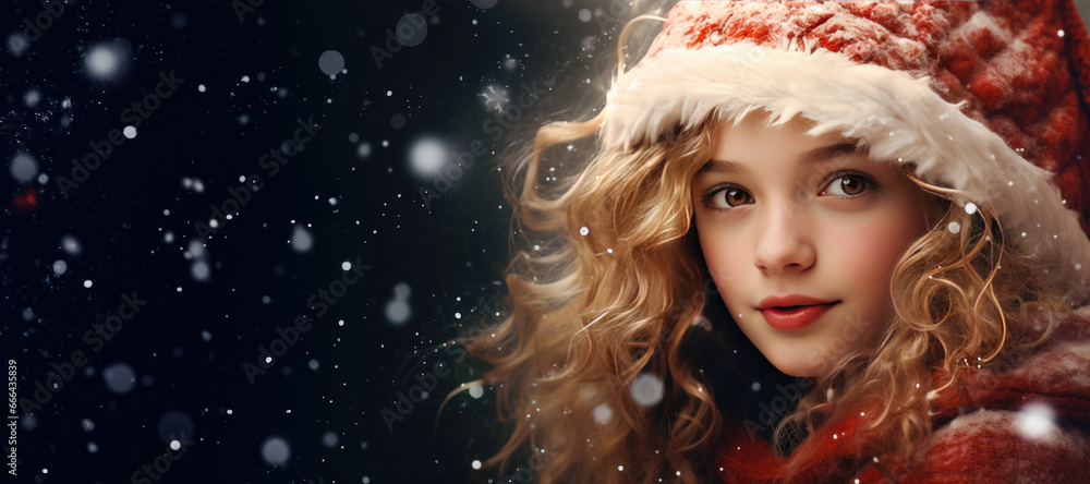 Young girl wearing santa hat and long curly hair in front of christmas tree,girl looking the snow in the city at night. Commercial photo.