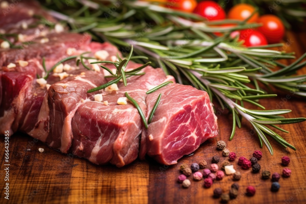 detail of beef roast texture with embedded garlic and rosemary detail of beef roast texture with embedded garlic and rosemary