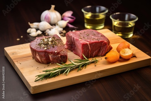 excised beef roast, garlic, and rosemary on a chopping board photo