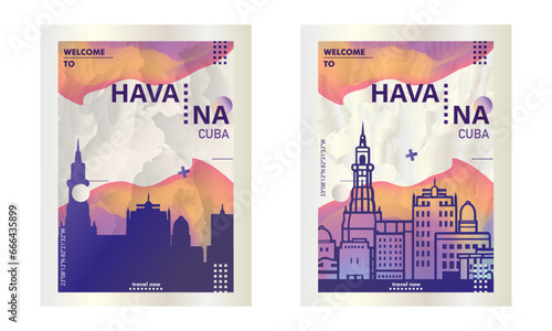 Cuba Havana city poster pack with abstract skyline, cityscape, landmarks and attractions. Latin America travel vector illustration set for brochure, website, page, business presentation