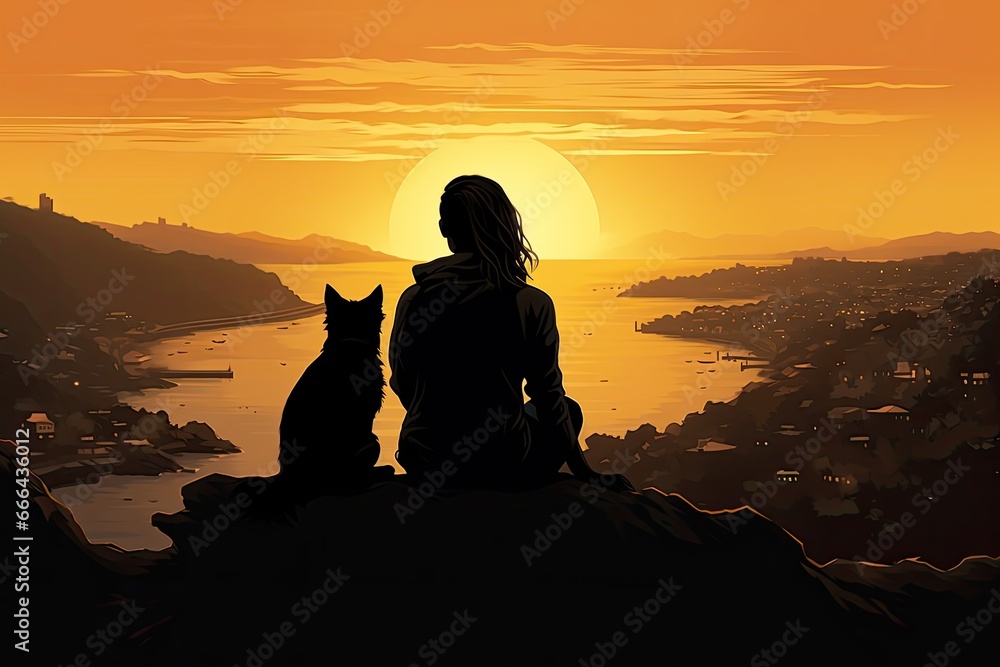 woman and dog silhouette sit on a cliff at sunset