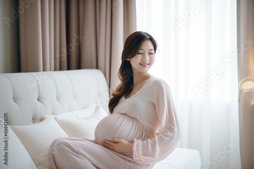 Beautiful Asian pregnant woman sit on bed and touching her belly,Happy pregnant young asian woman holding belly and look at camera with happiness smiley face.