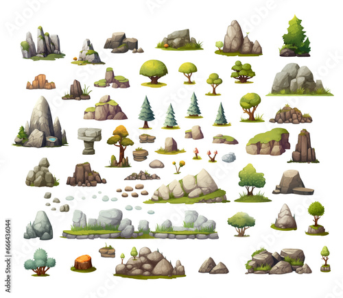 2d game assets low poly style, vector illustration of gaming background elements