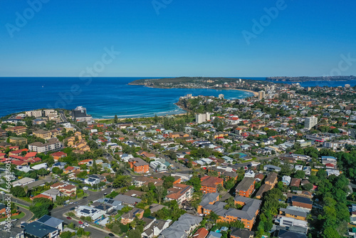 Panoramic drone aerial view over Freshwater, Queenscliff and Manly in the Northern Beaches, Sydney