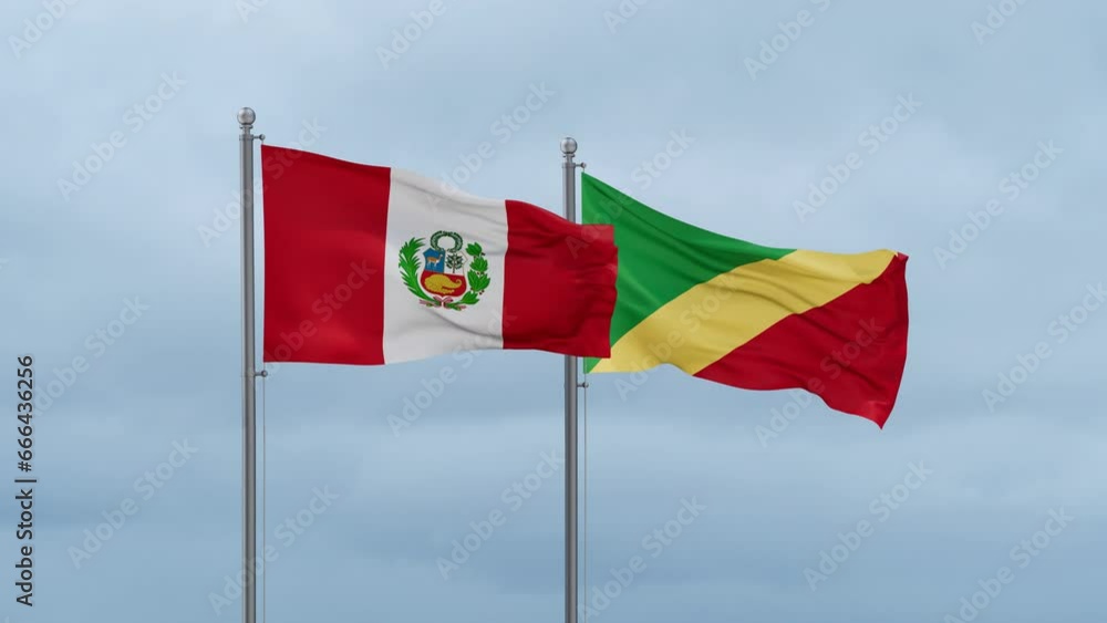 Republic of the Congo flag and Peru flag waving together on cloudy sky, endless seamless loop, two country relations concept Republic of the Congo flag and Peru flag waving together on cloudy sky, endless seamless loop, two country relations concept