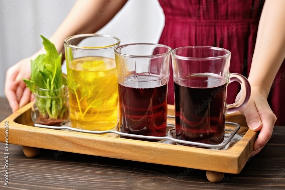 hand carrying a tray with a pitcher and glasses of beet kvass hand carrying a tray with a pitcher and glasses of beet kvass