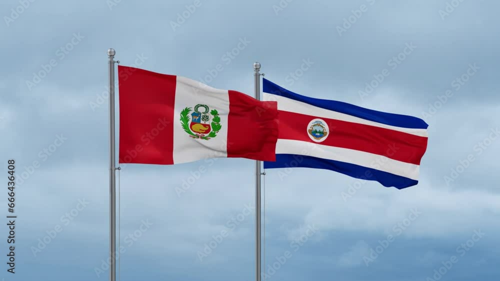 Costa Rico and Peru flag waving together on cloudy sky, endless seamless loop, two country cooperation concept Costa Rico and Peru flag waving together on cloudy sky, endless seamless loop, two country cooperation concept