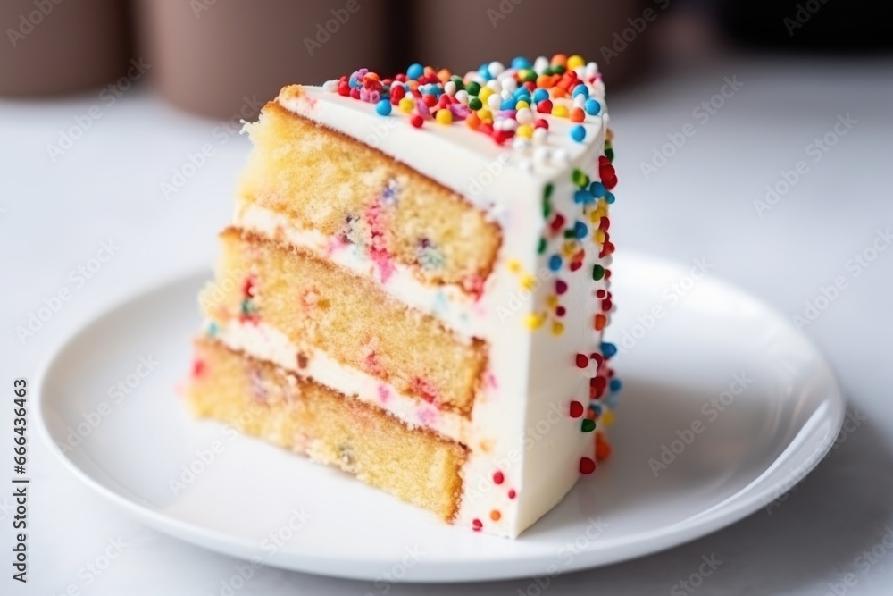 close-up of a slice of birthday cake on a white plate