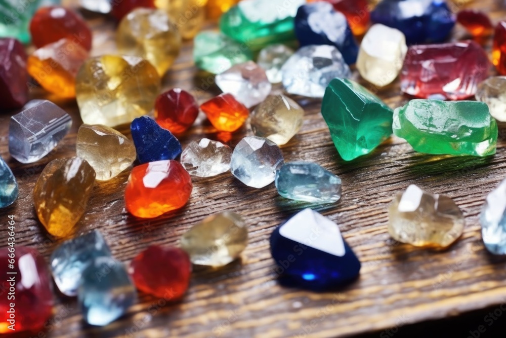 closeup of various raw birthstones on a workshop table closeup of various raw birthstones on a workshop table
