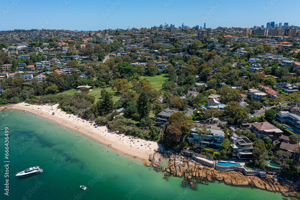 Naklejka premium Panoramic drone aerial view over Cobblers Bay and Chinamans Beach in Mosman, Northern Beaches Sydney