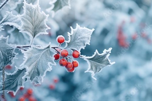 frosted holly berry on blurr winter background