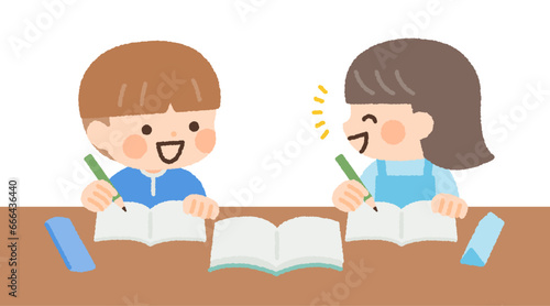 友達と勉強をする子供のイラスト素材
