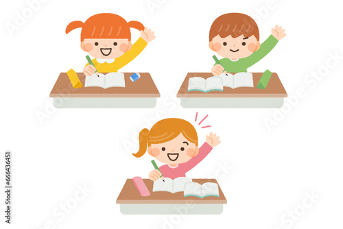 挙手する子供達のイラスト素材セット