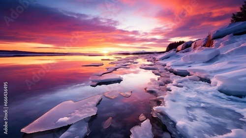 A vivid purple and orange sunset over icy waters 
