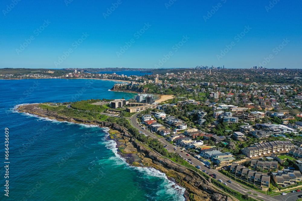 Panoramic drone aerial view over Freshwater, Queenscliff and Manly in the Northern Beaches area of Sydney, Australia