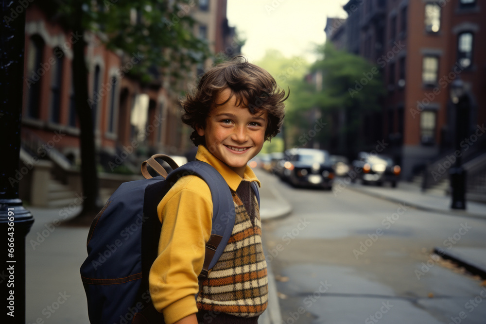 Child excitement for the first day of school. Boy is standing with backpack on the old fashioned street