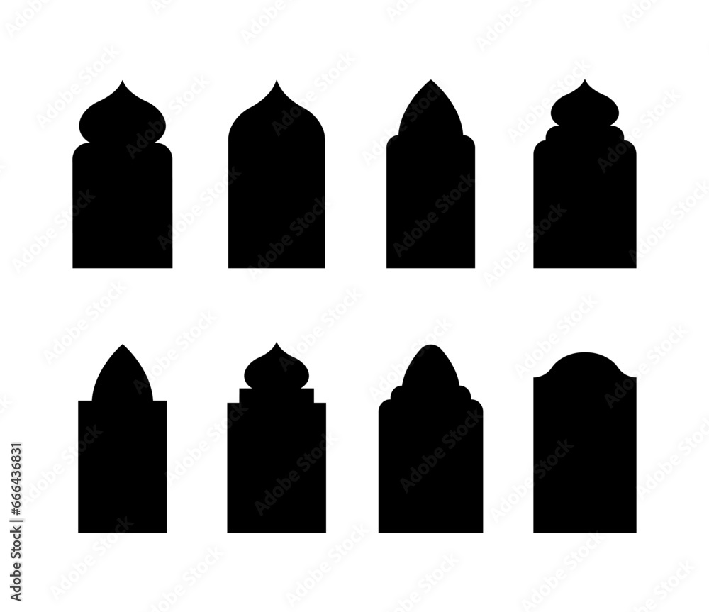 Islamic windows in oriental style. Set of black arabic arches and doors. Silhouette of mosque. Minimalistic vector illustration.
