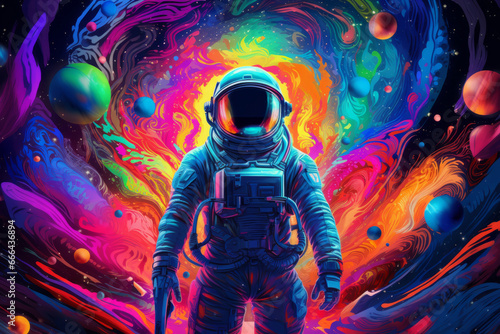 Cosmonaut in a rainbow of neon colors. A surrealistic picture