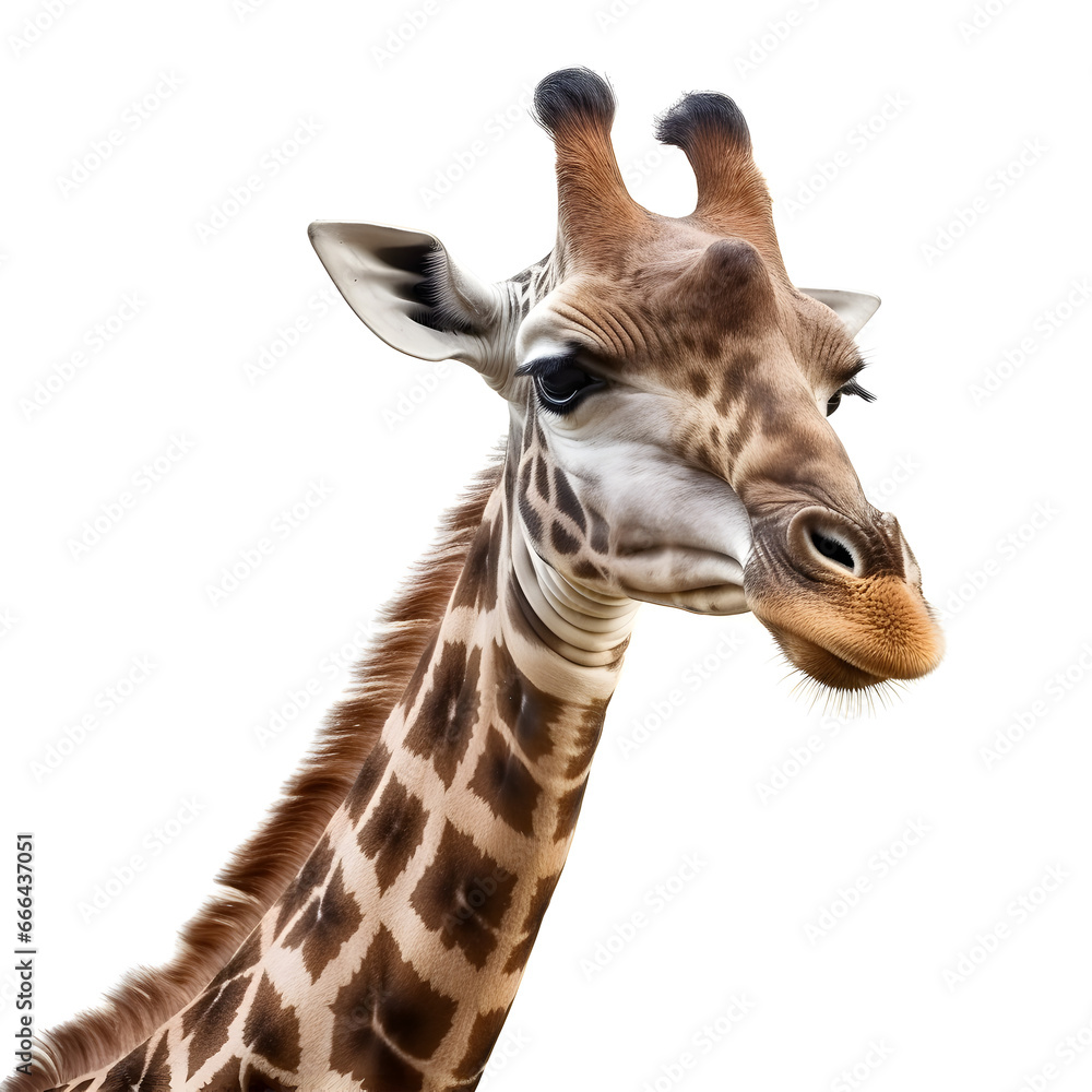 A giraffe's head looking directly into the camera on a white background.