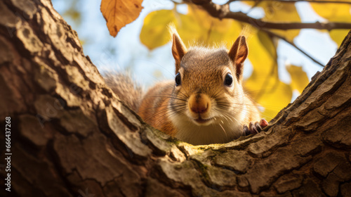 Curious squirrel gazes intently from a tree