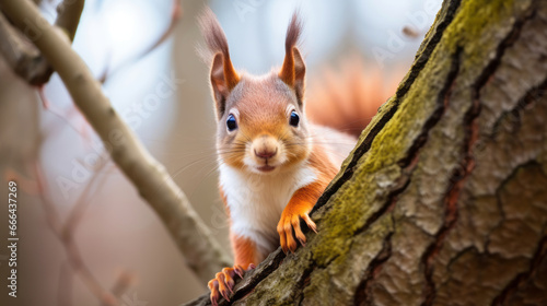 Curious squirrel gazes intently from a tree