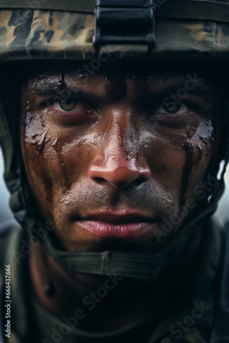 Close-up portrait of angry military soldier