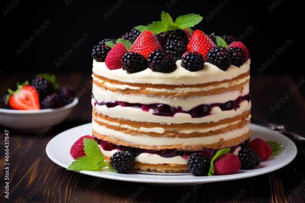 a towering layered cake with cream and berries
