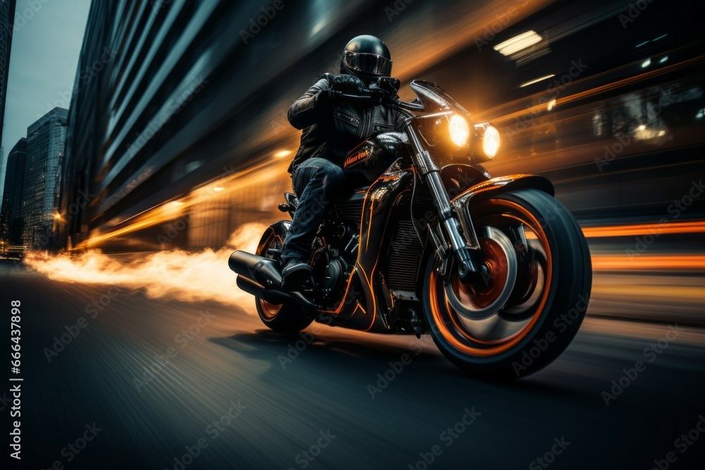 A motorcyclist races at speed on a motorcycle. Background with selective focus and copy space