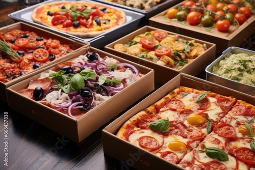 boxes of pizza with various toppings